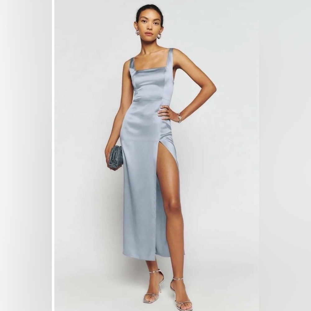 Reformation NWT Solay Silk Dress 8 Mineral Blue Side Slit Luxe Evening Holiday